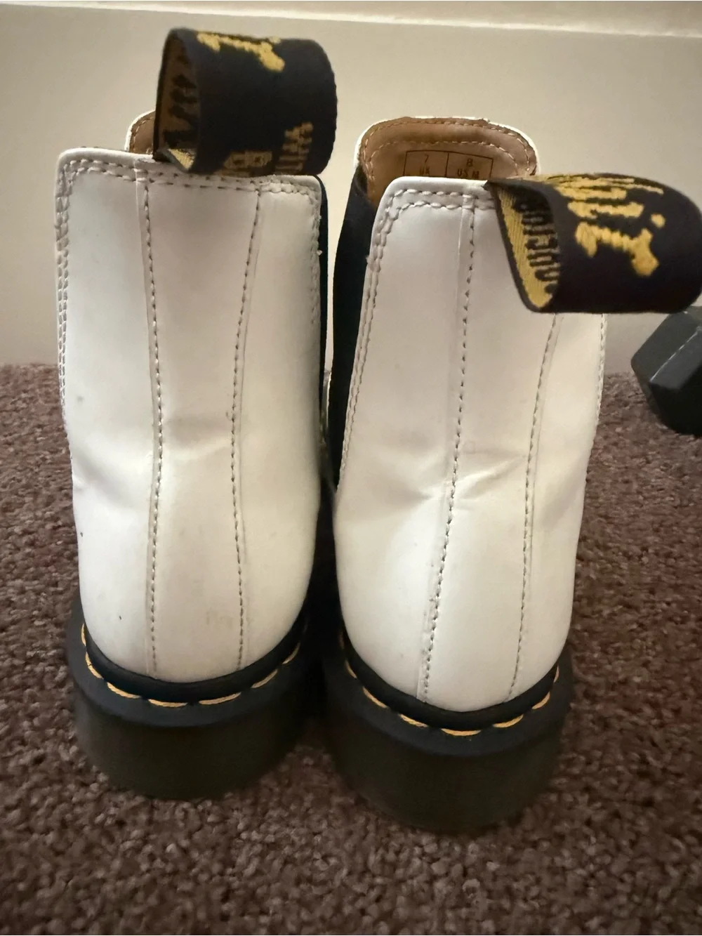 Doc Marten’s  White Leather Platform Boots with Yellow Welt Stitching